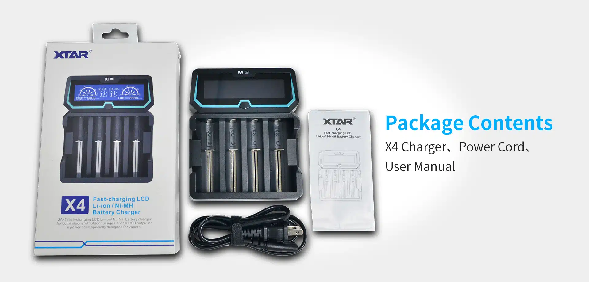 xtar x4 batteri laddare contents
